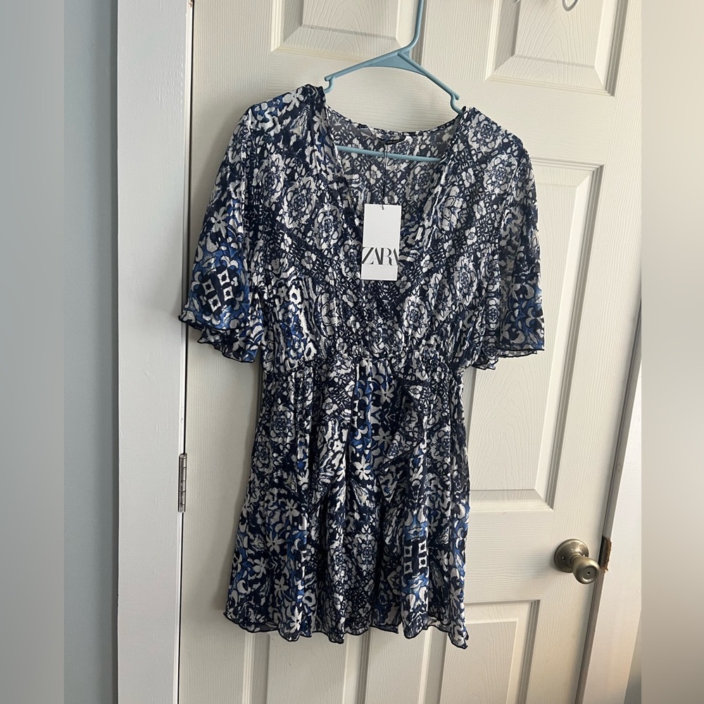 Zara Blue Floral Print Short Sleeve Dress